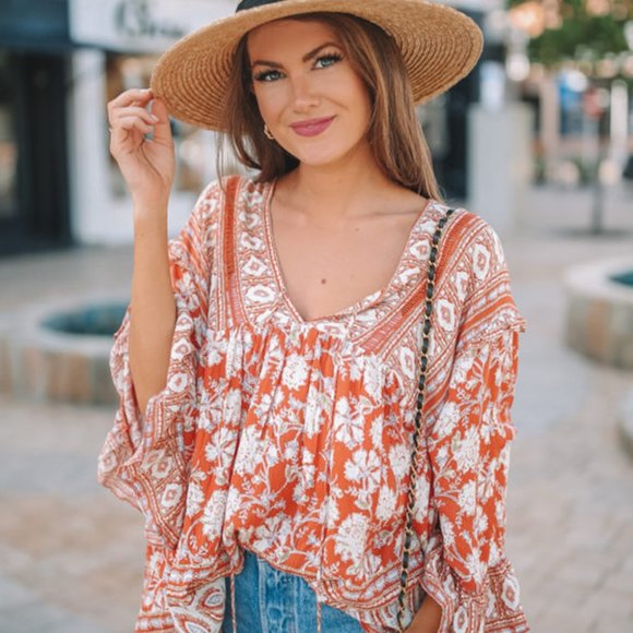 🆕 Last 1🌸Orange Boho Print Free Flowing Tunic - Picture 2 of 9